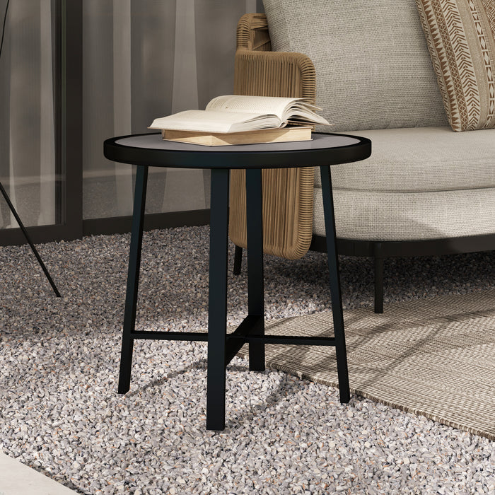 Outsunny Round Small Garden Table, 50.5cm Outdoor Side Table with SPC Tabletop, Metal Frame and Anti-slip Foot Pads for Garden, Balcony, Grey Wood Effect