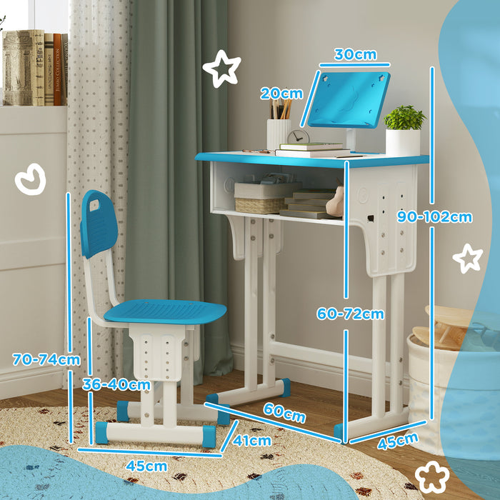 HOMCOM Kids Adjustable Desk and Chair Set, Book Stand, Pen Slot - Blue | Aosom UK