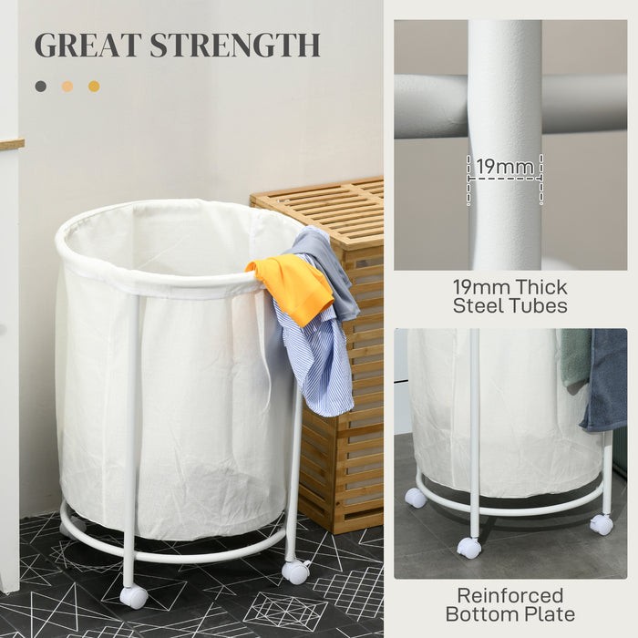Large 100L Cream White Laundry Basket with Wheels - Round 50cm Hamper with Steel Frame and Removable Bag - Ideal for Bedroom, Bathroom, Laundry Room Organization