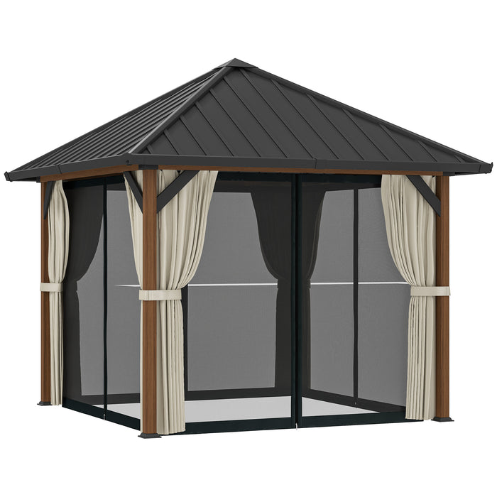 Outsunny 3 x 3(m) Hardtop Gazebo with Galvanised Steel Roof and Water Gutter, Waterproof Permanent Pavilion Garden Gazebo with Netting and Curtains for Patio, Deck, Walnut Wood Finish