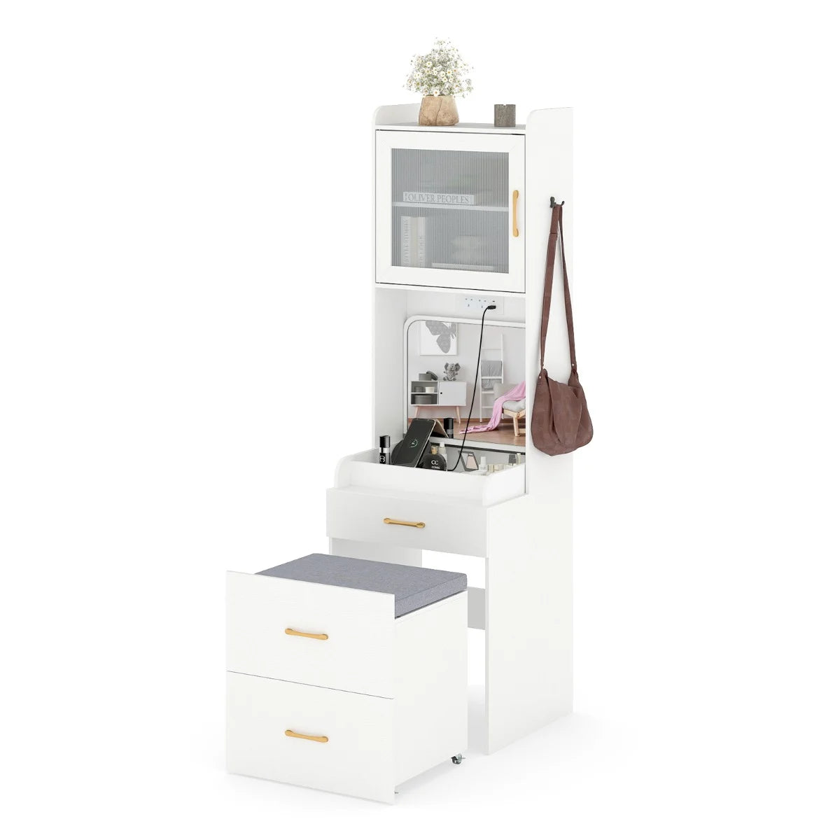 Vanity Desk with Flip-up Mirror and Movable Storage Stool-