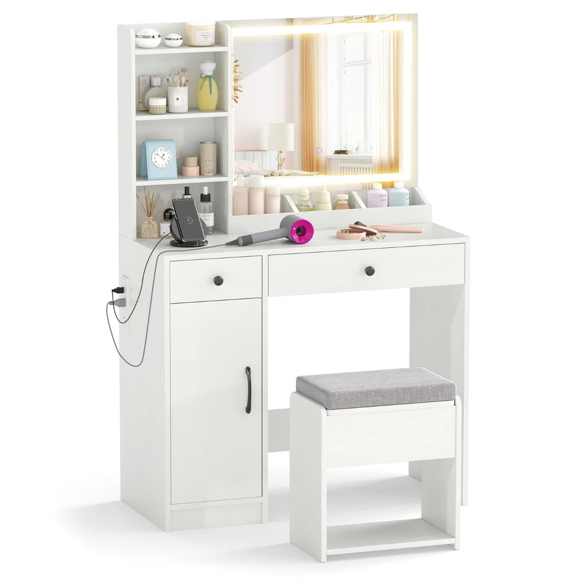 Vanity Desk with LED Lighted Mirror and Storage Stool-White