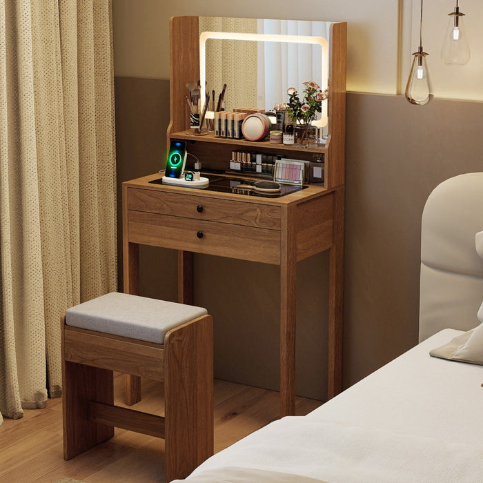 Vanity Desk with Power Outlets and 3 Color Lighting Modes for Bedroom-