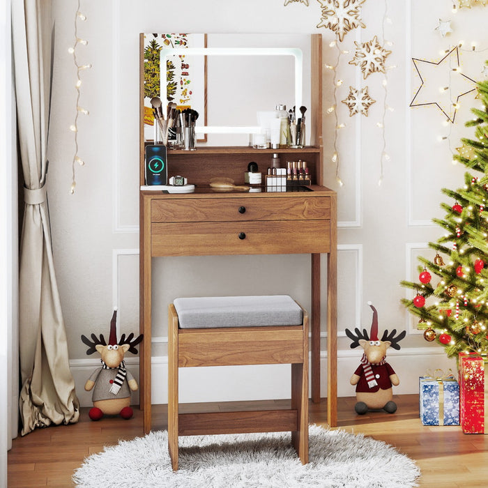 Vanity Desk with Power Outlets and 3 Color Lighting Modes for Bedroom-