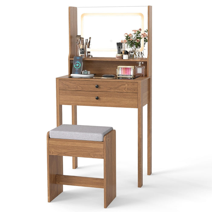 Vanity Desk with Power Outlets and 3 Color Lighting Modes for Bedroom-