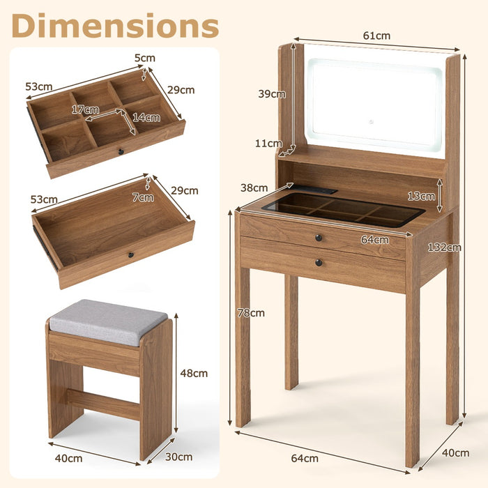 Vanity Desk with Power Outlets and 3 Color Lighting Modes for Bedroom-