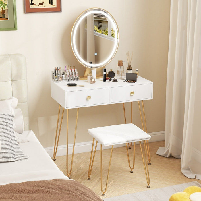 Vanity Set with LED Lighted Mirror and Soft Cushioned Stool  for Bedroom-White
