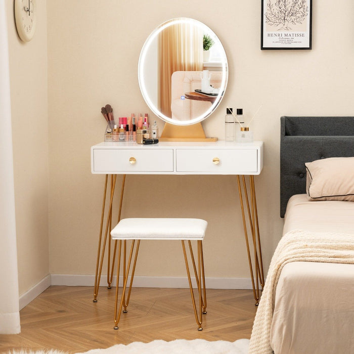 Vanity Set with LED Lighted Mirror and Soft Cushioned Stool  for Bedroom-White