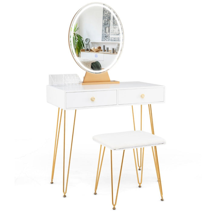 Vanity Set with LED Lighted Mirror and Soft Cushioned Stool  for Bedroom-White