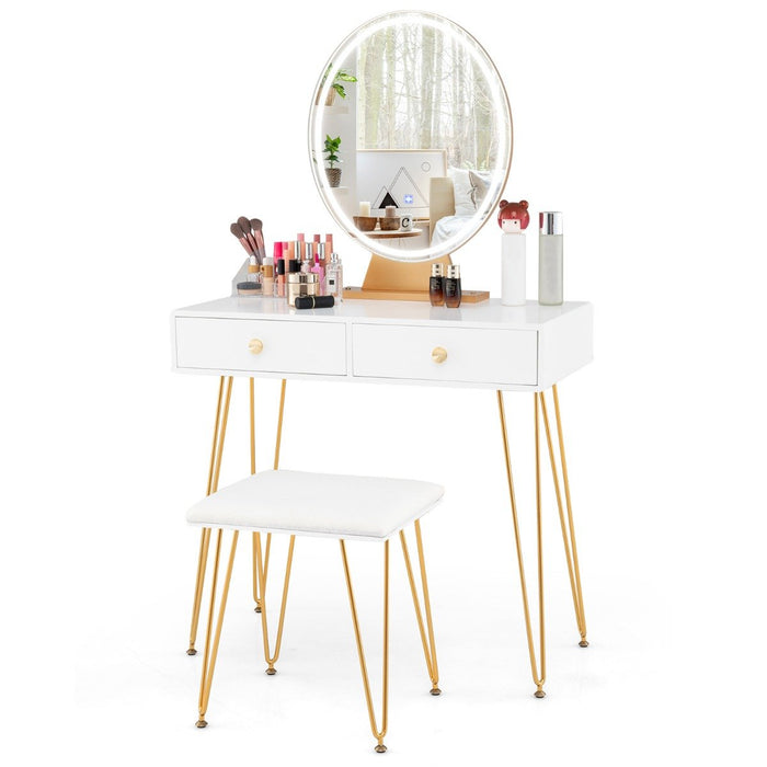 Vanity Set with LED Lighted Mirror and Soft Cushioned Stool  for Bedroom-White