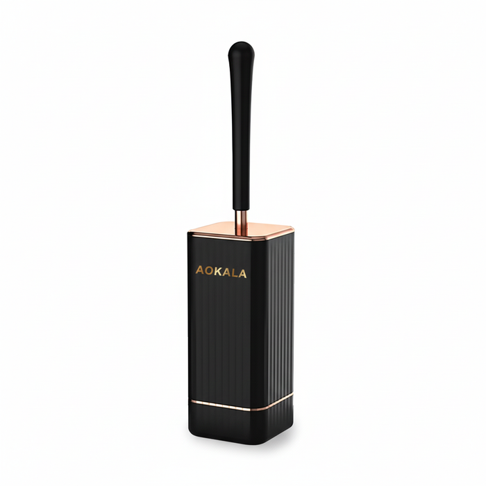 Aokala Silicone Toilet Brush & Holder — 40cm Long Handle, Wall or Floor Mount, Black or White with Rose Gold Trim