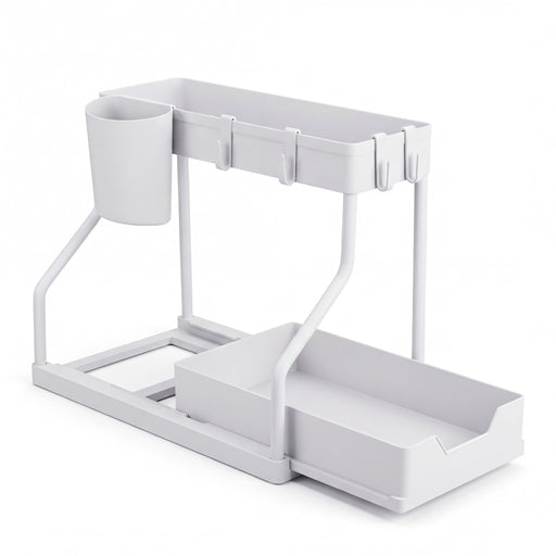 2-Tier Pull-Out Drawer Organiser — Foldable Plastic Storage for Kitchen & Bathroom
