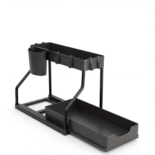2-Tier Pull-Out Drawer Organiser — Foldable Plastic Storage for Kitchen & Bathroom