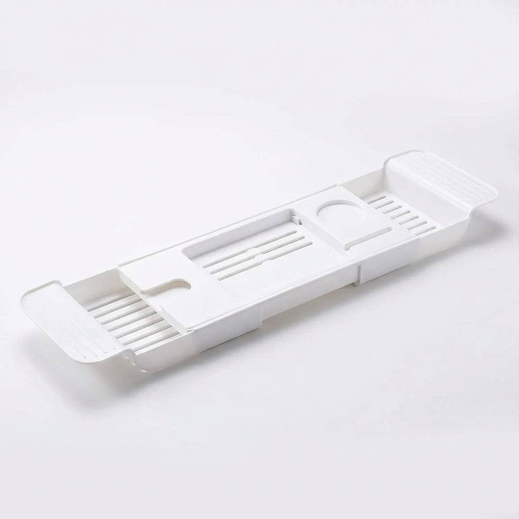 Expandable Drain Bath Shelf Caddy Tray — Plastic Bathtub Organiser (White/Black)