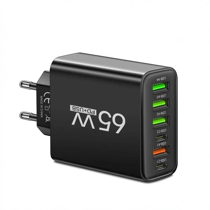 65W 6-Port USB PD Charger – 2x USB‑C PD + 4x USB Fast Wall Charger (EU/US)