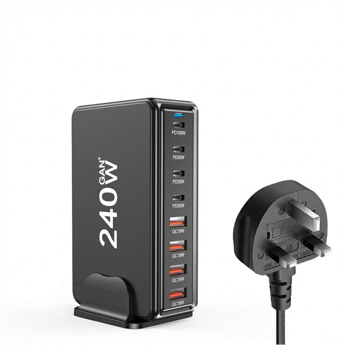 240W 6‑Port GaN PD Charger — 4 Type‑C & 2 USB‑A, Travel USB Tower for iPhone, iPad & MacBook