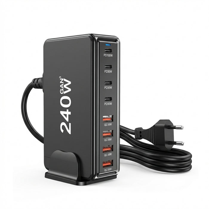 240W 6‑Port GaN PD Charger — 4 Type‑C & 2 USB‑A, Travel USB Tower for iPhone, iPad & MacBook