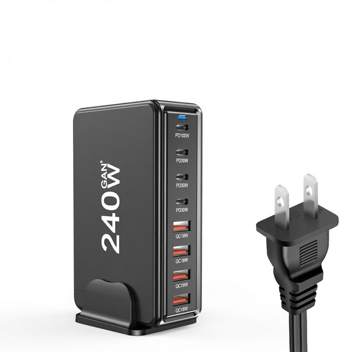 240W 6‑Port GaN PD Charger — 4 Type‑C & 2 USB‑A, Travel USB Tower for iPhone, iPad & MacBook