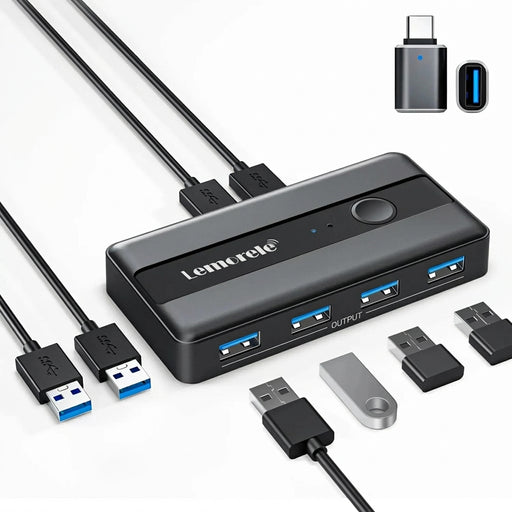 USB 3.0 KVM Switcher — 2 PC Inputs, 4 USB Outputs for Printers & Peripherals