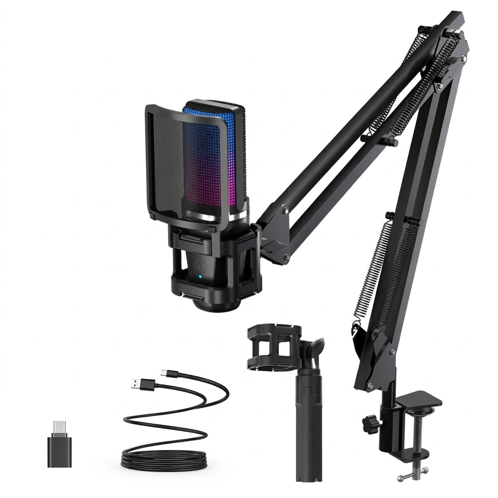 RGB USB Condenser Microphone with Articulated Boom Arm & Tripod for St ...