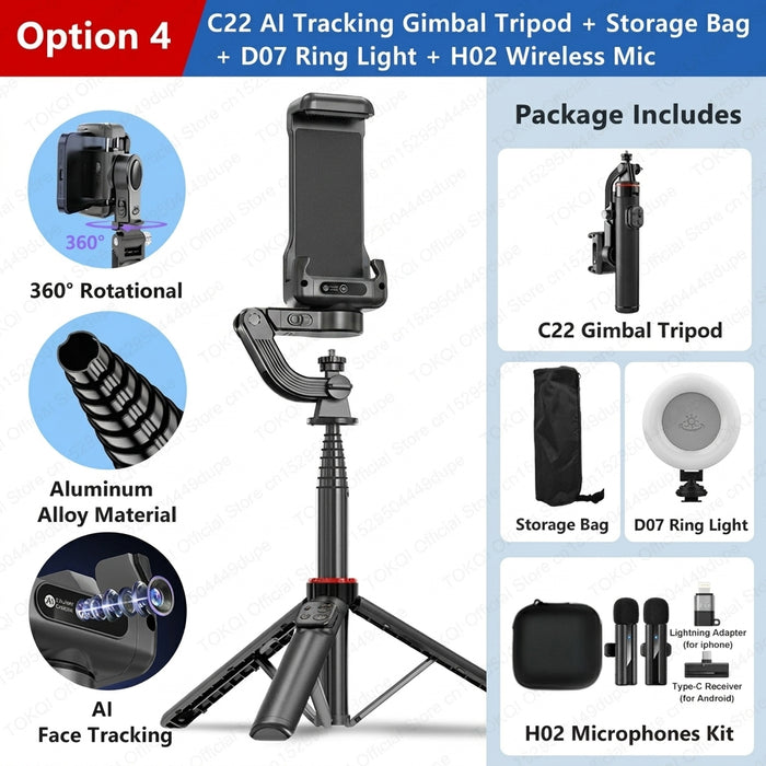 C22 AI Face-Tracking Handheld Gimbal Stabiliser — 3‑in‑1 Selfie Stick & Tripod for Smartphones
