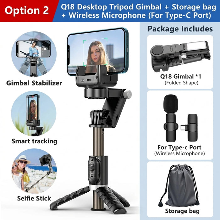 Q18 360° Follow-Tracking Gimbal — Selfie Stick Tripod with Fill Light for iPhone & Smartphones