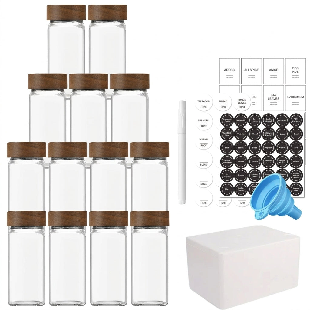 13-piece Glass Spice Jars with Bamboo Lids, 120ml Square Seasoning Jars with Shaker Lids, Labels & Funnel