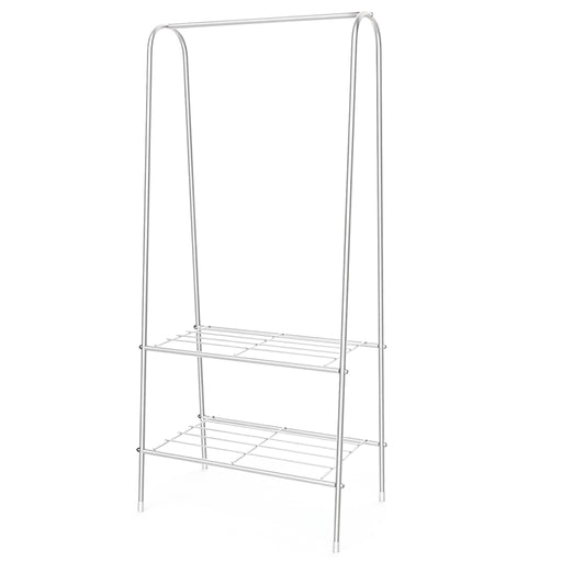Double-Rail Standing Clothes Rack with Shoe Shelf – Metal Rail for Bedroom & Living Room