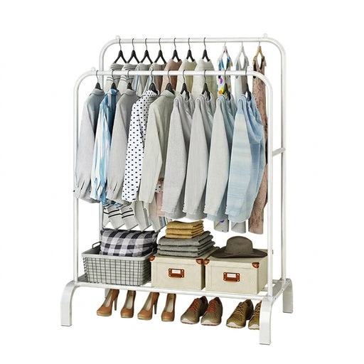 Double-Rail Standing Clothes Rack with Shoe Shelf – Metal Rail for Bedroom & Living Room