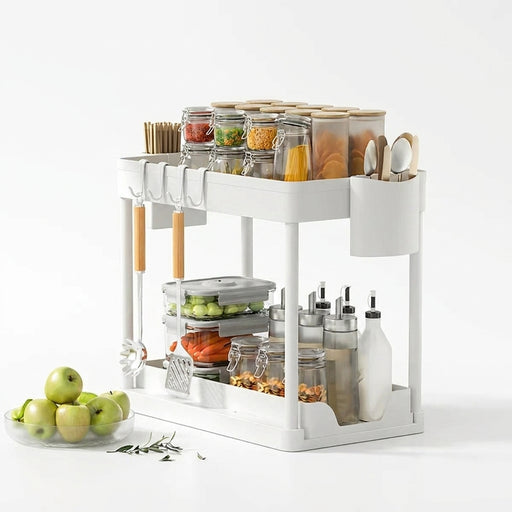 2-Tier Sliding Under-Sink Organiser – Cabinet Basket with Hooks & Hanging Cup