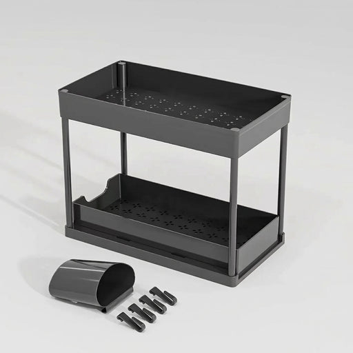 2-Tier Sliding Under-Sink Organiser – Cabinet Basket with Hooks & Hanging Cup