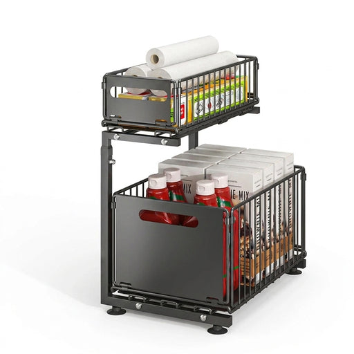 Pull-Out Under-Sink Organiser, 2-Tier Adjustable Sliding Shelf, Black & White