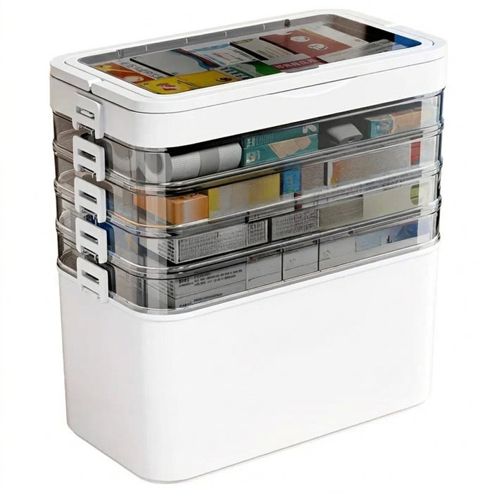 White Portable Medicine Storage Box — Heavy-Duty Plastic Organiser with Drawers & Doors (4/5/6 Floors)