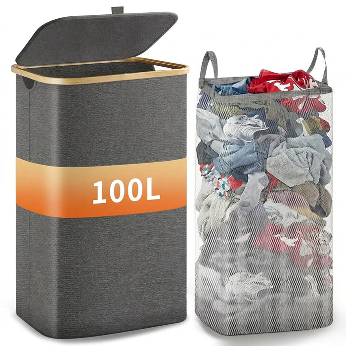 Slim Laundry Hamper — 100L or 160L Bamboo Basket with Removable Washable Bag & Handles