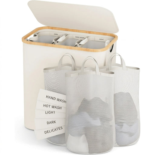 Slim Laundry Hamper — 100L or 160L Bamboo Basket with Removable Washable Bag & Handles