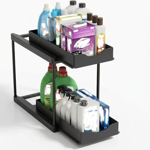 Double-Layer Pull-Out Storage Rack with 5 Hooks — PP Drawer Organiser for Kitchen & Bathroom