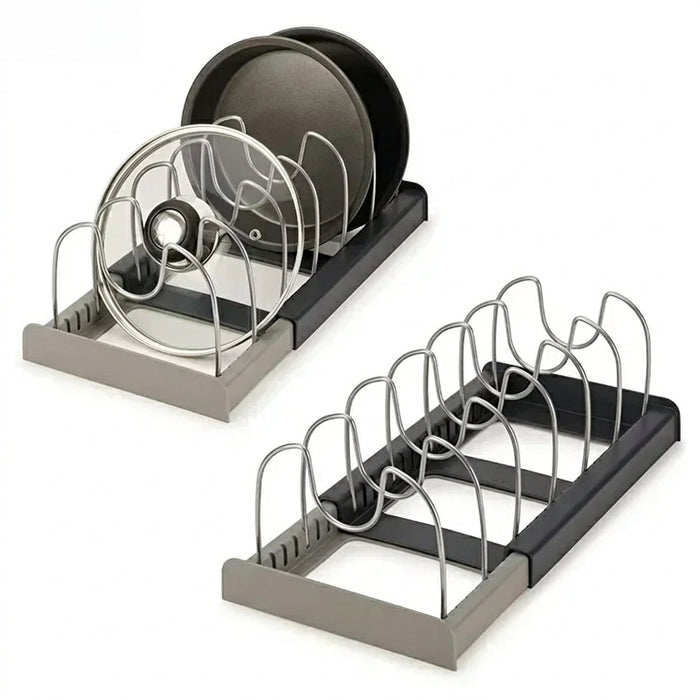 Expandable Pots & Pans Storage Rack for Cabinets — 6 Adjustable Shelves, Pot & Lid Holder
