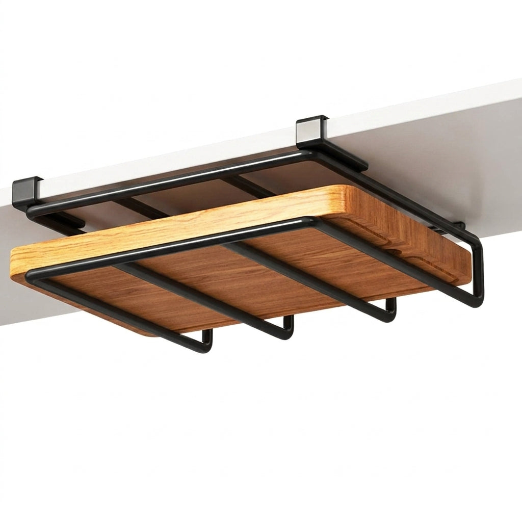 Under‑Cupboard Hanging Kitchen Rack with Hooks for Cutting Boards, Paper Towels & Lids