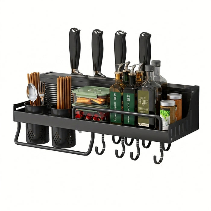 40cm Wall-Mounted Hanging Spice & Pot Rack — Black Metal Kitchen Shelf ...