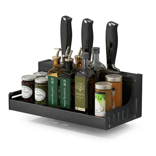 40cm Wall-Mounted Hanging Spice & Pot Rack — Black Metal Kitchen Shelf with Hooks
