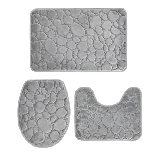 Three‑Piece Stone‑Pattern Microfibre Bathroom Mat Set — Water‑Absorbent & Non‑Slip