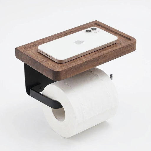 Wooden Toilet Roll Holder with Shelf — Wall-mounted, Rustproof Matt Black