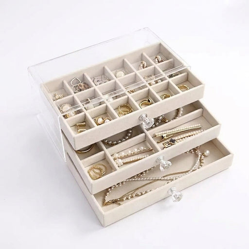 3-Layer Drawer Jewellery Box — Beige or Grey, Plastic Organiser