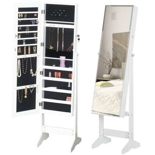 Lockable Full-Length Jewellery Cabinet Mirror – Freestanding Armoire, White