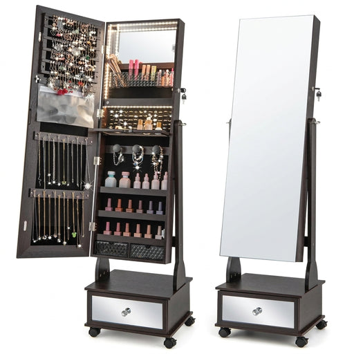 Free-standing Jewellery Cabinet — 3‑Colour LED Lights, Lockable, Full‑Length Mirror, Drawers & Wheels