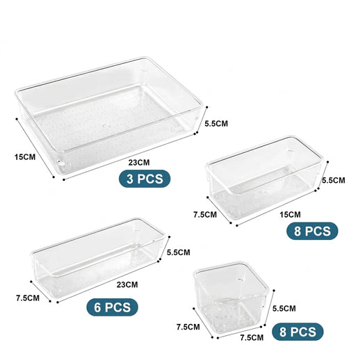 25pc Clear Drawer Organiser Set – PS Plastic Dividers & Storage Bins for Desk, Dresser, Makeup