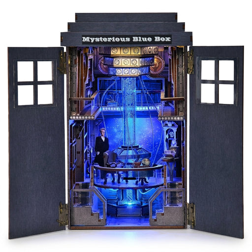 DIY Wooden Book Nook Kit — Blue Telephone Booth Miniature Bookshelf
