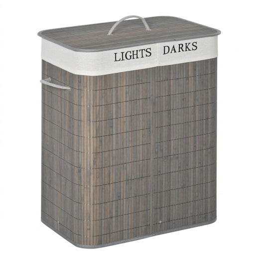100L Collapsible Laundry Hamper with Lid & String Handles — 2-Section, Removable Lining, Grey