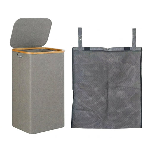 Foldable 2-Section Laundry Hamper with Lid — Bamboo Handles & Removable Bag