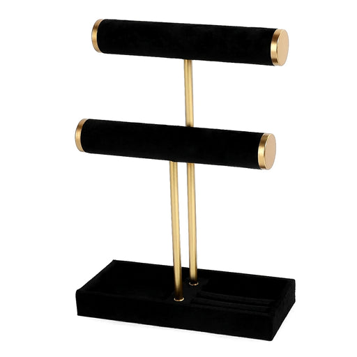 Two-Level T-Style Bangle Stand – Wooden, Velvet-Lined Jewellery Display (Black, Beige)